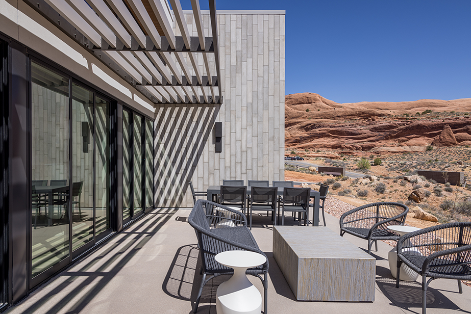 backyard of casita with outdoor furniture overlooking desert